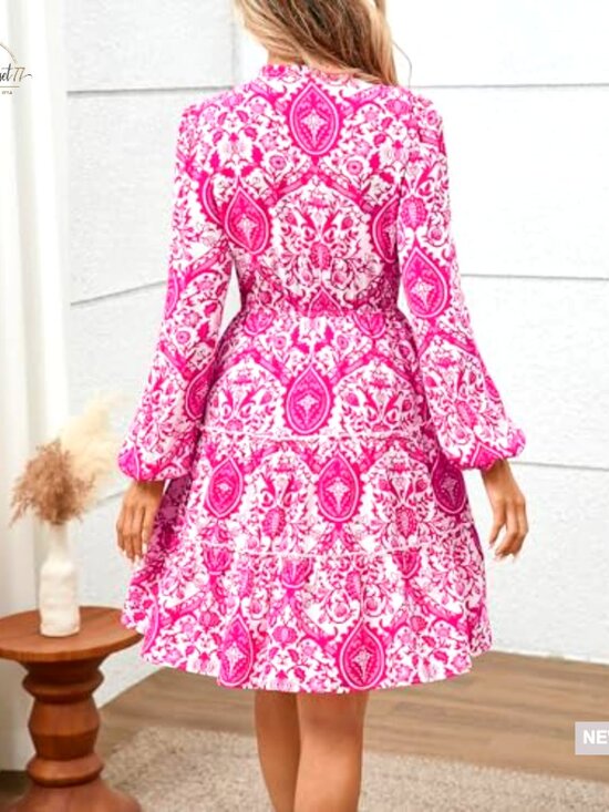 Long Sleeve V-Neck A-Line Mini Dress Floral Boho Tiered Ruffle Swing - Picture 2 of 7